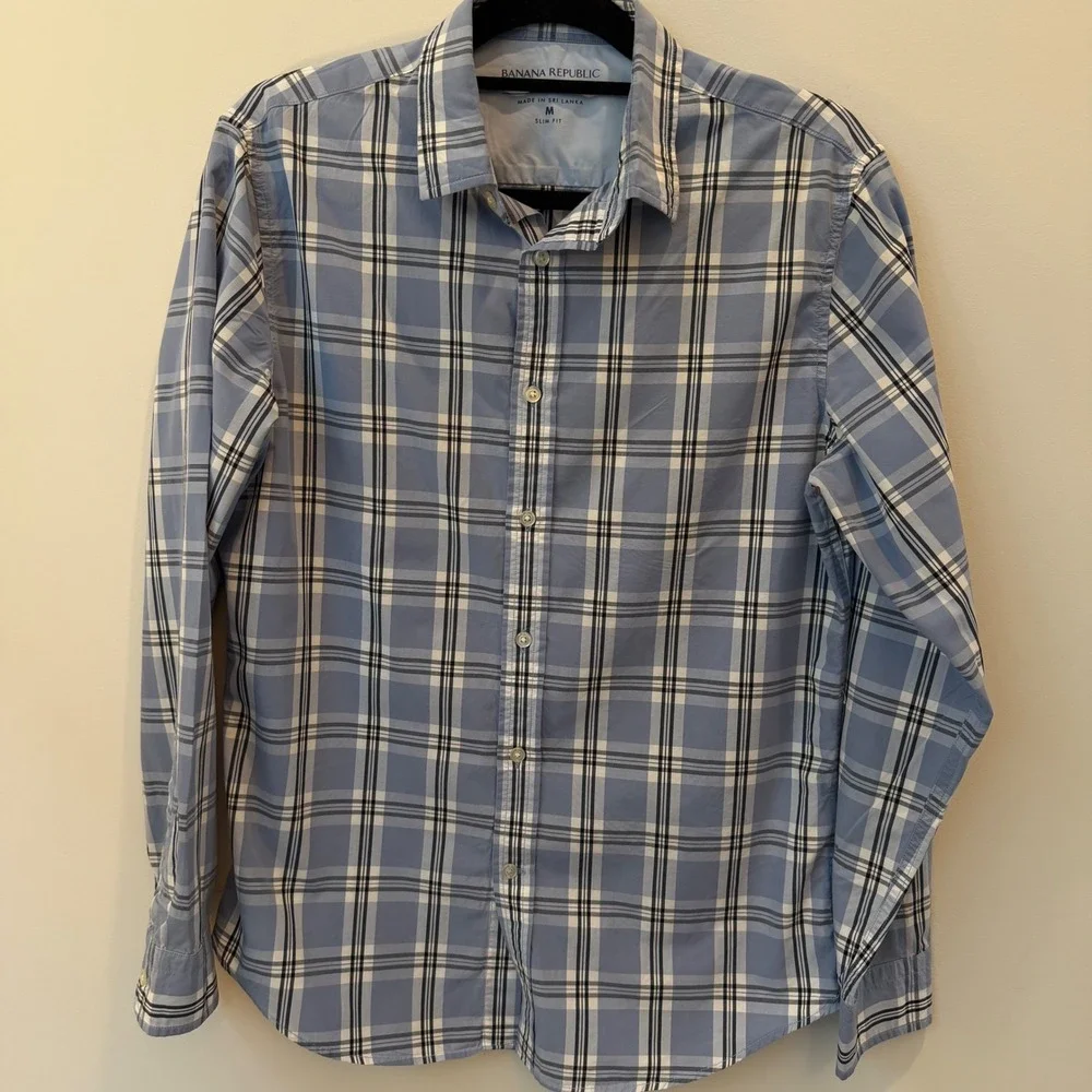 Banana Republic Mens Slim Fit Plaid Button Down Shirt Blue White Cotton Medium